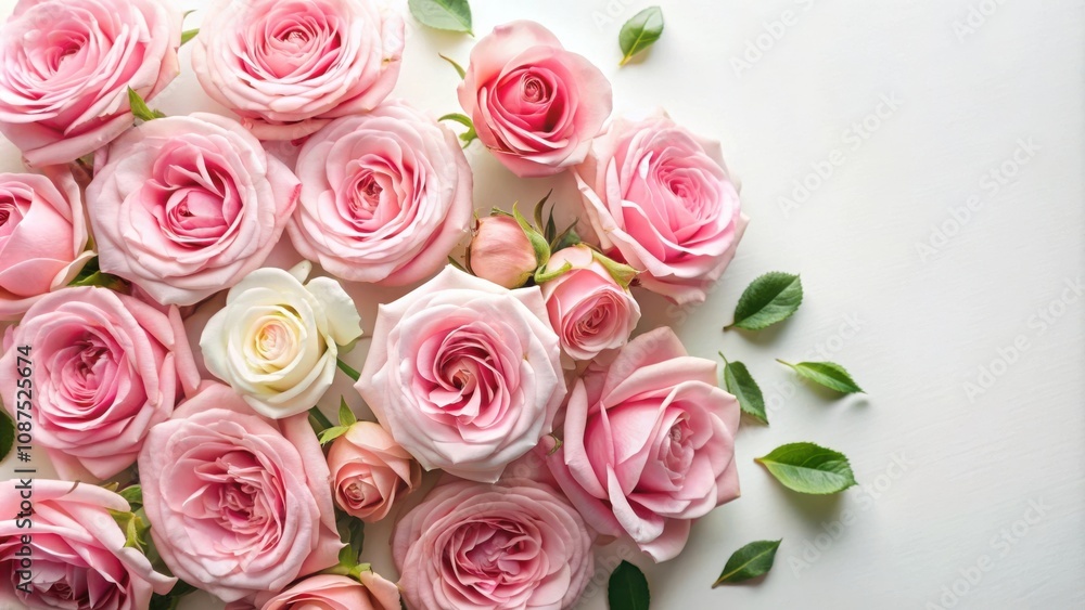 A Romantic Arrangement of Delicate Pink Roses and Lush Green Leaves on a White Background A Romantic Arrangement of Delicate Pink Roses and Lush Green Leaves on a White Background