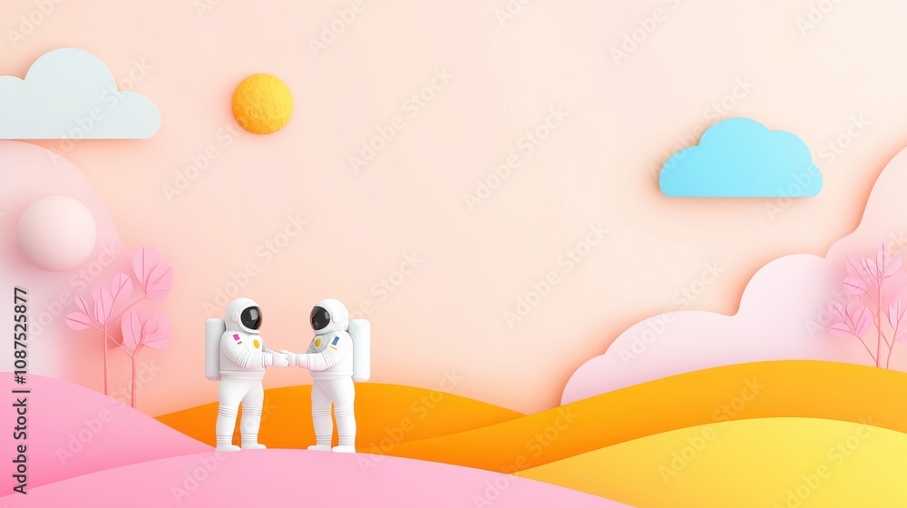 Astronauts Shaking Hands on Alien Planet with Surreal Landscape Astronauts Shaking Hands on Alien Planet with Surreal Landscape
