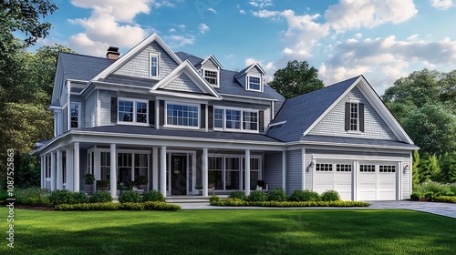 A charming two-story house with gray siding, white columns, and a spacious front porch, set amidst a lush green lawn and mature trees under a bright blue sky.