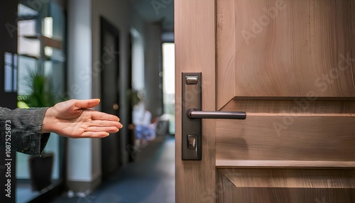 Neutral pallet, realistc, photography, motion of welcome, opening an office door, welcoming looking, female hand, no visible faces, neutral, tranquil office space, neutral colors, opening door  photo