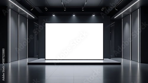 Modern Exhibition Space with Blank Screen on Dark Background. 3D Rendering