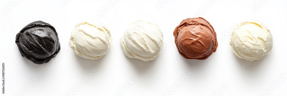 Colorful Scoops of Ice Cream Arranged in a Line on a Plain White Background Colorful Scoops of Ice Cream Arranged in a Line on a Plain White Background