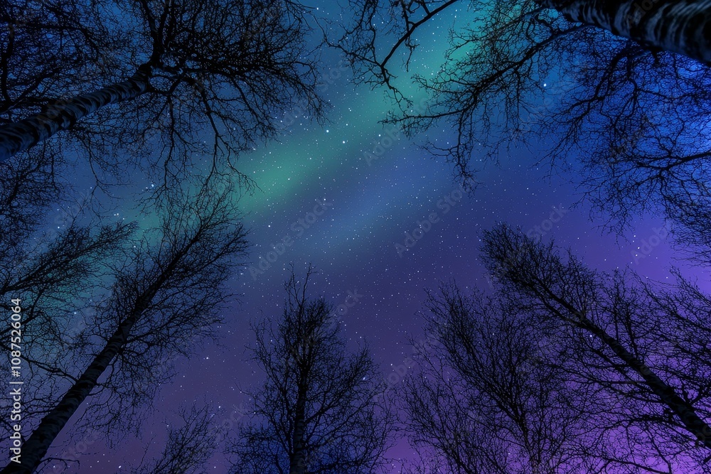 Captivating view of northern lights illuminating a starry night sky above bare winter trees in serene wilderness. Captivating view of northern lights illuminating a starry night sky above bare winter trees in serene wilderness.