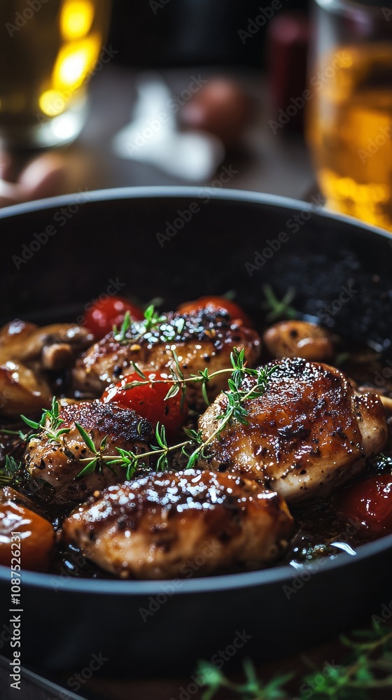 Delicious roasted chicken thighs with cherry tomatoes and herbs in a pan, perfect for a comforting dinner meal. Delicious roasted chicken thighs with cherry tomatoes and herbs in a pan, perfect for a comforting dinner meal.