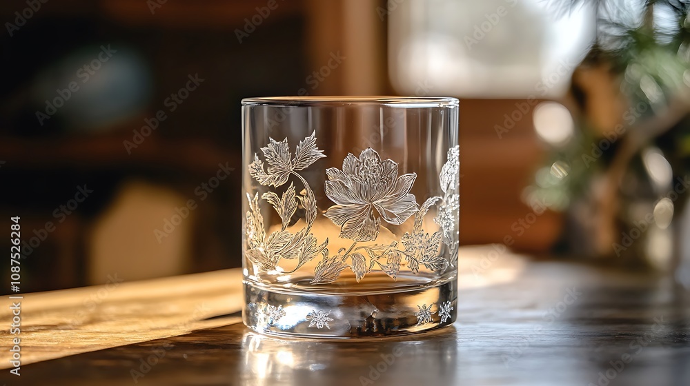 Etched glass sits on a wooden surface, sunlight illuminating floral design. Etched glass sits on a wooden surface, sunlight illuminating floral design.