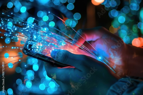 Hands holding smartphone wrapped in glowing fiber optic cables photo