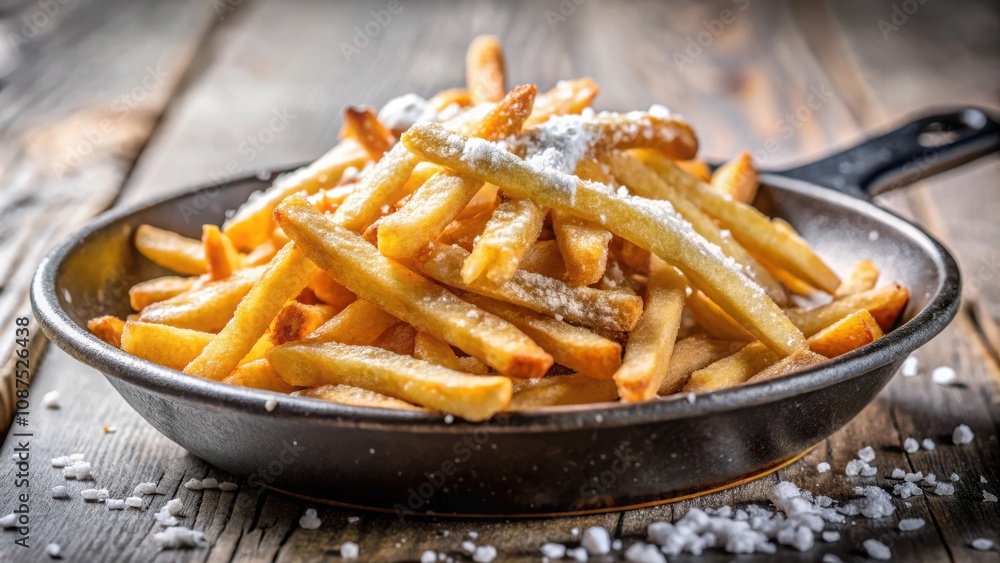 A generous portion of crispy golden french fries, dusted with salt, rests in a cast iron skillet on a rustic wooden surface. A generous portion of crispy golden french fries, dusted with salt, rests in a cast iron skillet on a rustic wooden surface.