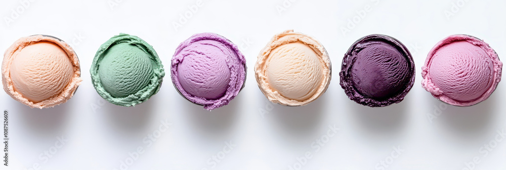 Delicious Scoops of Colorful Ice Cream Lined up on a White Background Ready for Dessert Delicious Scoops of Colorful Ice Cream Lined up on a White Background Ready for Dessert