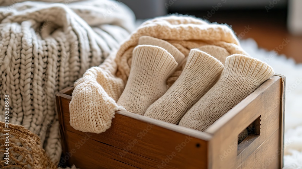 Cozy knitted sweaters and socks in a wooden crate. Soft neutral tones evoke warmth and comfort. Cozy knitted sweaters and socks in a wooden crate. Soft neutral tones evoke warmth and comfort.