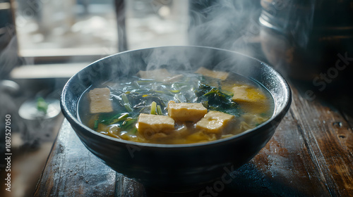 Discover the Harmonious Blend of Ingredients in a Steaming, Rustic Japanese Miso Soup Experience photo