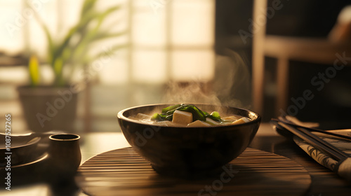 Explore the Comforting Essence of Authentic Japanese Miso Soup with Silken Tofu and Seaweed in Flavorsome Dashi photo