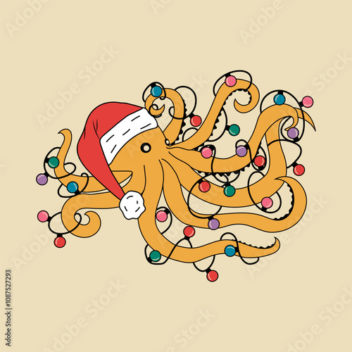 An octopus wearing a Santa hat and surrounded by Christmas lights