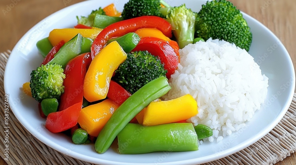 A colorful plate of stir-fried vegetables including bell peppers and broccoli, served with a side of fluffy white rice. A colorful plate of stir-fried vegetables including bell peppers and broccoli, served with a side of fluffy white rice.