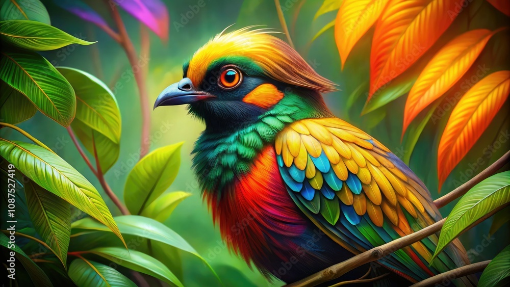 Colorful Exotic Bird in Lush Jungle - Abstract Oil Painting Style Colorful Exotic Bird in Lush Jungle - Abstract Oil Painting Style