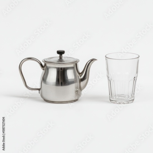 A stainless steel teapot beside a clear glass.