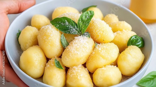 A bowl of soft, yellow gnocchi garnished with mint leaves and sprinkled with cheese, ready to be enjoyed.