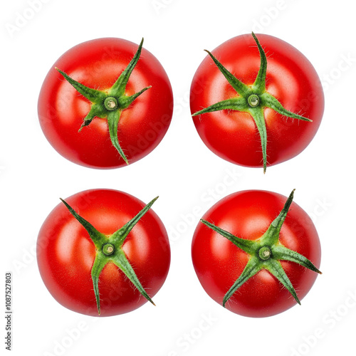 Tomato isolated. Tomato top view on white background. Tomato for top composition. With clipping path. Full depth of field.