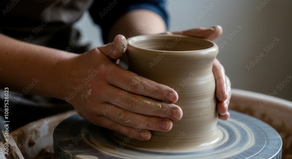 Potter crafting clay pot on pottery wheel Potter crafting clay pot on pottery wheel