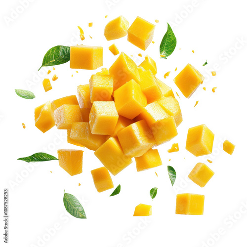 Fresh diced mango pieces with green leaves on a white background.