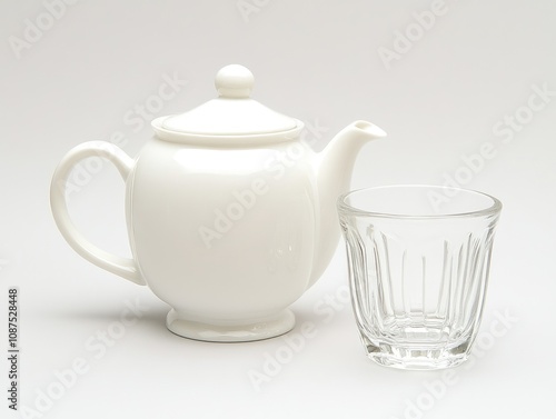 A white teapot beside a clear glass tumbler, suggesting a tea-drinking setting.