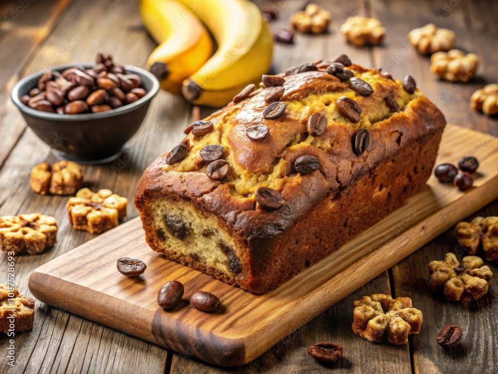 Homemade Banana Bread Loaf with Coffee Beans and Nuts, Surrounded by Fresh Bananas and Cookies on a Rustic Wooden Table Homemade Banana Bread Loaf with Coffee Beans and Nuts, Surrounded by Fresh Bananas and Cookies on a Rustic Wooden Table
