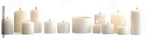 A serene arrangement of elegant white candles flickering softly