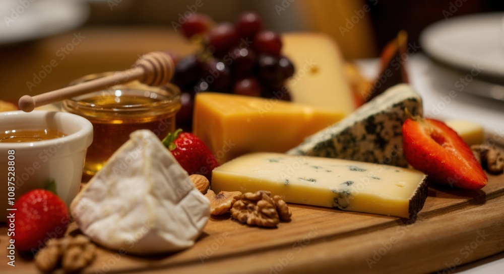 Gourmet cheese board with honey, nuts, fresh fruit Gourmet cheese board with honey, nuts, fresh fruit