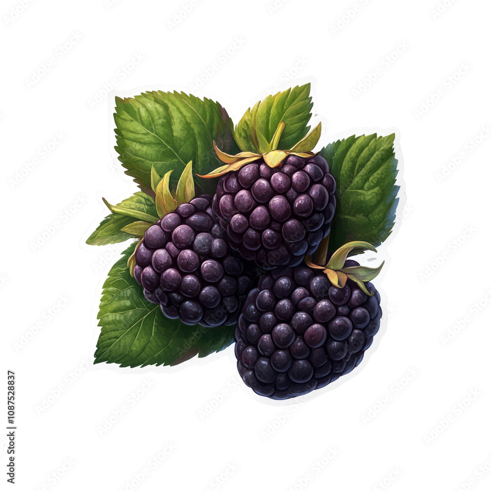 Luscious Blackberries A Trio of Ripe Berries with Green Leaves Luscious Blackberries A Trio of Ripe Berries with Green Leaves