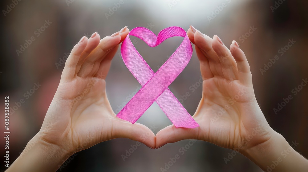 Obraz premium Two hands forming a heart shape around a pink ribbon.