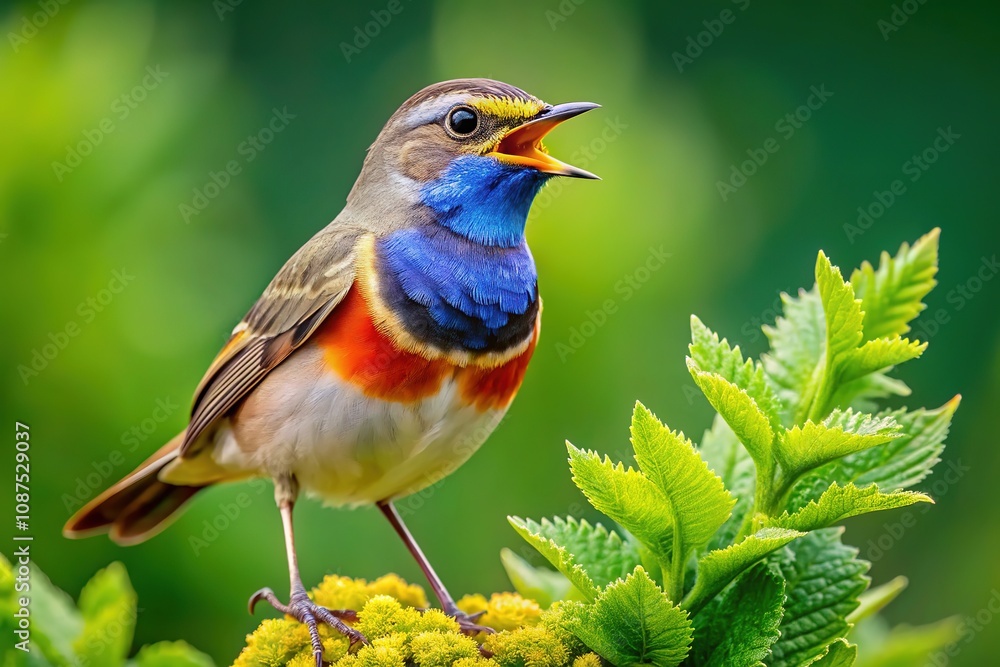 Bluethroat Songbird, Male Singing on Plant, Candid Photography, AI Art Bluethroat Songbird, Male Singing on Plant, Candid Photography, AI Art
