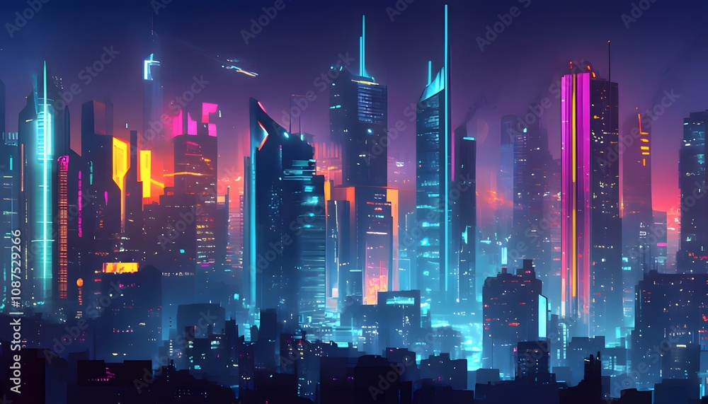 Fototapeta premium A vibrant cyberpunk cityscape, bathed in neon lights and futuristic architecture. Skyscrapers pierce the night sky, illuminated with a dazzling array of colors
