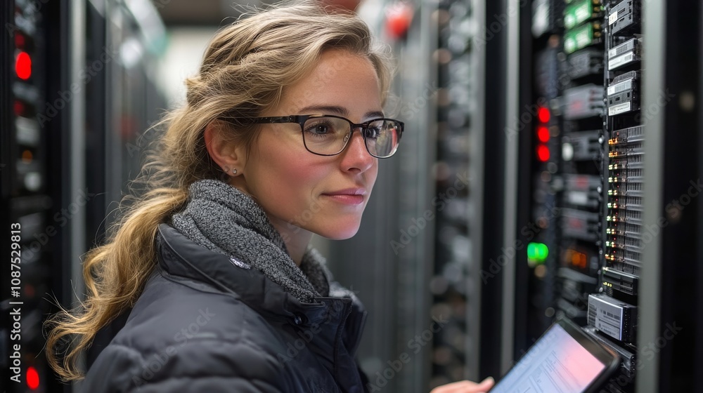 Female engineer reviews server documentation inside a data center during afternoon hours Female engineer reviews server documentation inside a data center during afternoon hours