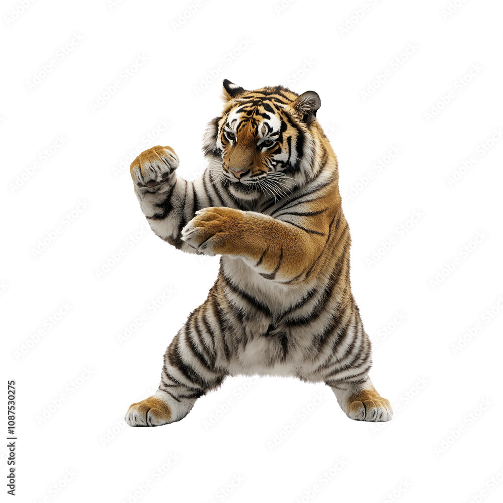 Obraz premium Powerful Tiger in a Fighting Stance, Isolated on White Background