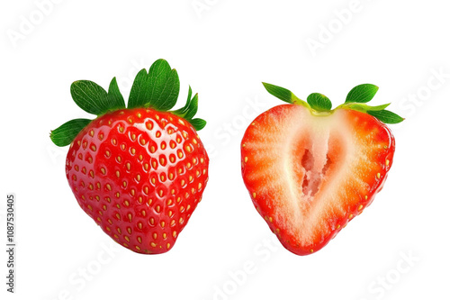 Strawberries isolated. Strawberry whole and half on white background. Side view strawberry with leaf. Perfect retouch. Full depth of field. With clipping path. Not AI strawberry- real photo. photo