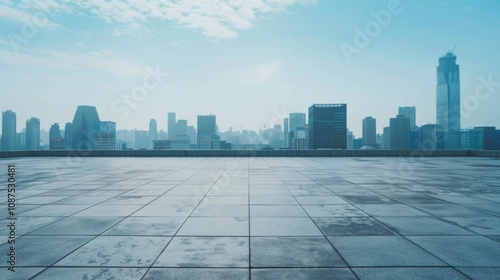 Fototapeta Naklejka Na Ścianę i Meble -  Empty square floor with city skyline background, Contemporary cityscape with spacious square, aerial view