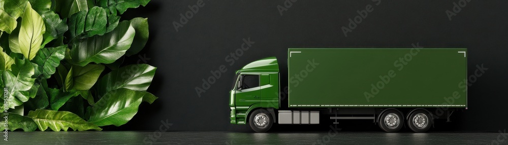 Fototapeta premium A green truck stands beside lush green leaves against a dark background, symbolizing eco-friendliness and transportation.