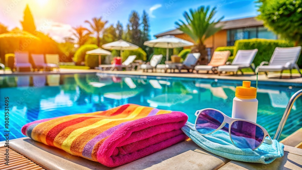 Obraz premium Summer Vacation at Hotel Pool During Pandemic: Macro Photography of Safety Measures with Masks and Poolside Relaxation Amidst Vibrant Tropical Surroundings