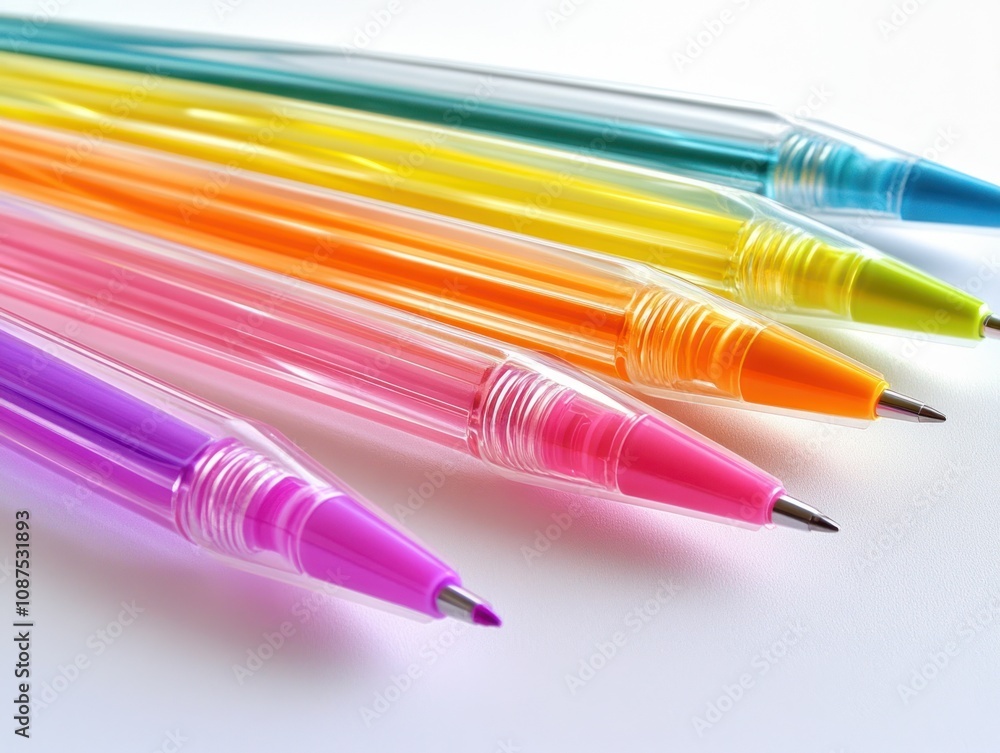 A vibrant array of colorful pens arranged in a line for writing and artistic purposes. A vibrant array of colorful pens arranged in a line for writing and artistic purposes.