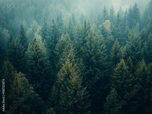 A vast evergreen forest shrouded in mist