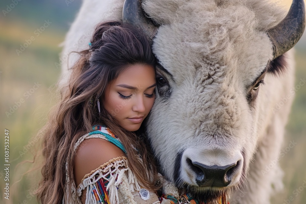 Native American in traditional clothing leaning on white bison head looking down. Native American in traditional clothing leaning on white bison head looking down.