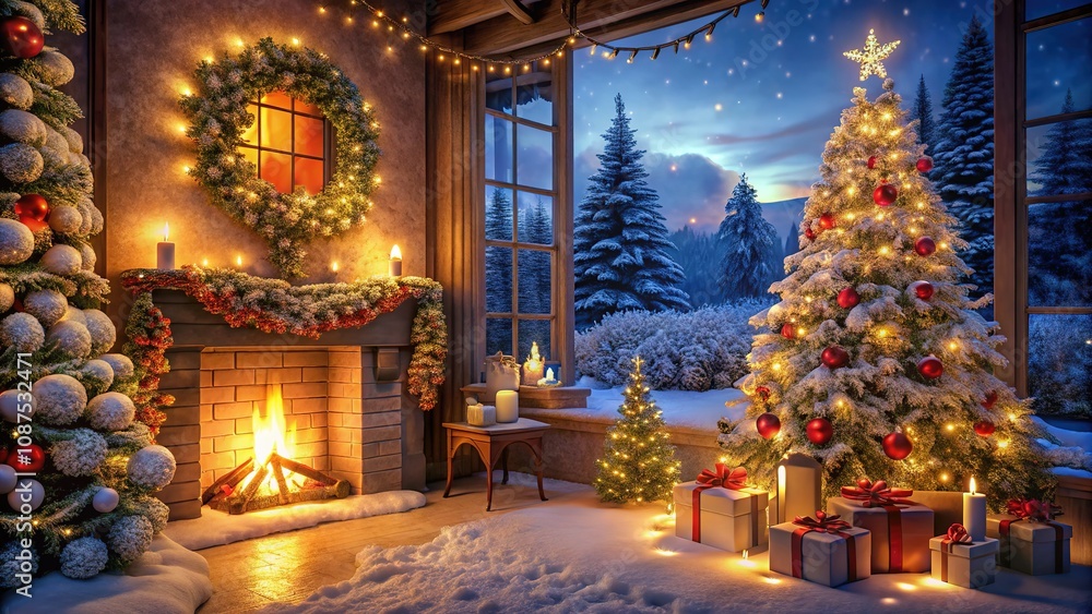 Fototapeta premium Christmas Low Light Photography, Festive Night Scene, Winter Wonderland, Cozy Christmas