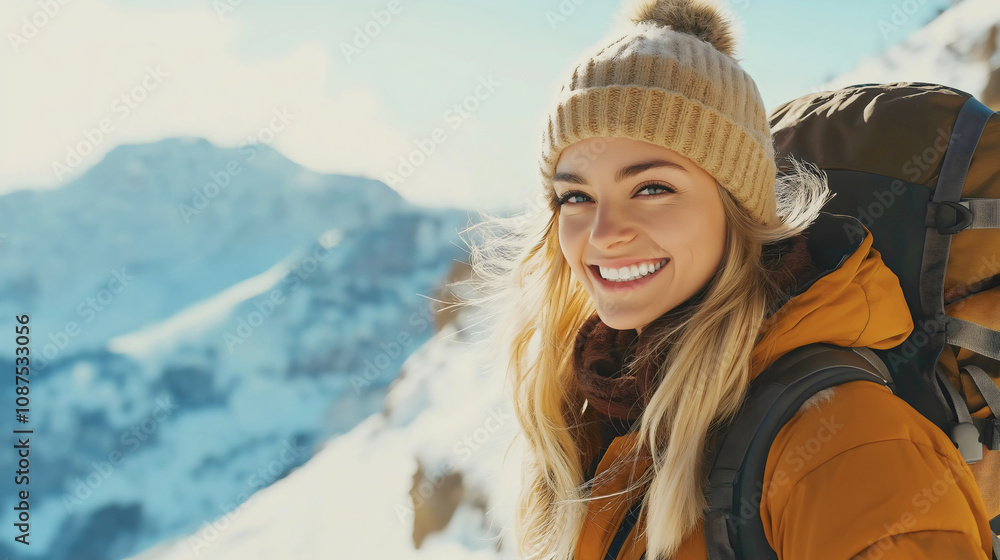 Woman enjoying snow in a winter mountain setting, a happy young nature-loving female embracing outdoor travel; this girl highlights an adventurous lifestyle perfect for cold season vacations and holid Woman enjoying snow in a winter mountain setting, a happy young nature-loving female embracing outdoor travel; this girl highlights an adventurous lifestyle perfect for cold season vacations and holid