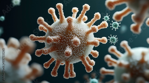 Close-up 3D illustration of a virus particle with a spherical structure and orange spike proteins on a dark background, representing a concept of viral infection or microscopic biology.