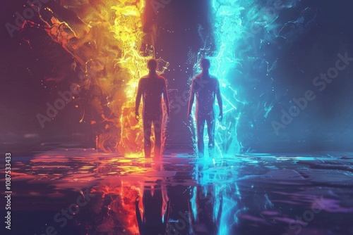 AI morality illustrated through glowing abstract dual figures