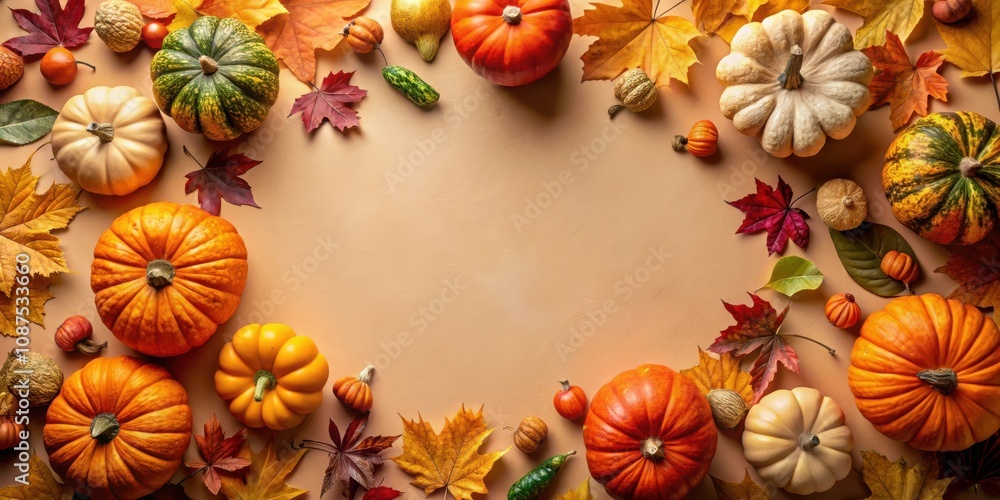 Autumnal Harvest A Colorful Array of Pumpkins and Leaves Arranged in a Border Surrounding a Beige Background Autumnal Harvest A Colorful Array of Pumpkins and Leaves Arranged in a Border Surrounding a Beige Background