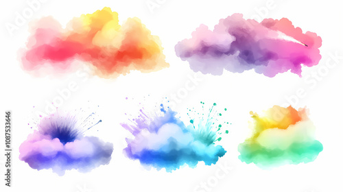 Bright rainbow paint color powder festival explosion burst isolated white background. Rainbow Smoke Clouds. Illustration