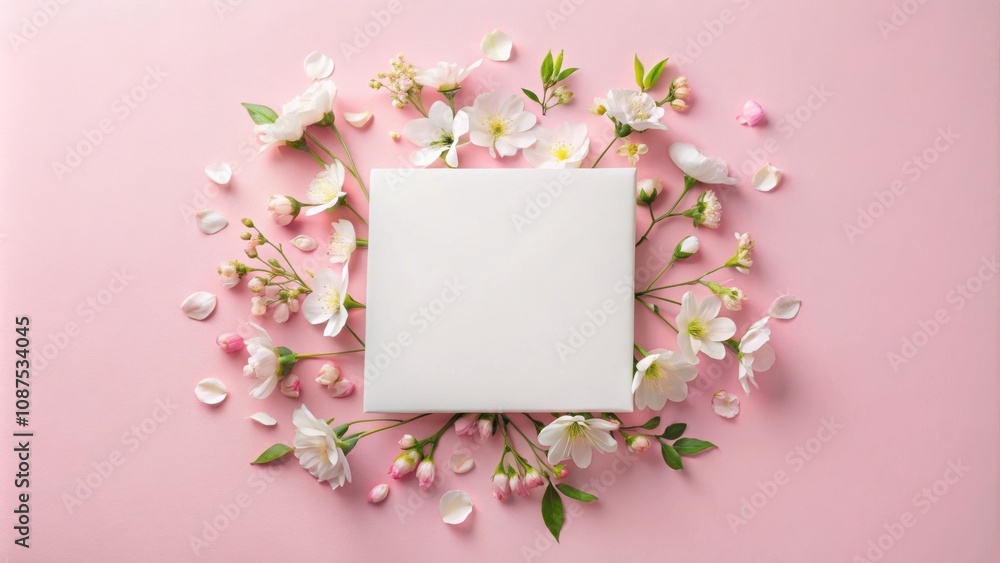 A delicate arrangement of blossoming flowers surrounding a blank white square, creating a frame on a soft pink background. A delicate arrangement of blossoming flowers surrounding a blank white square, creating a frame on a soft pink background.