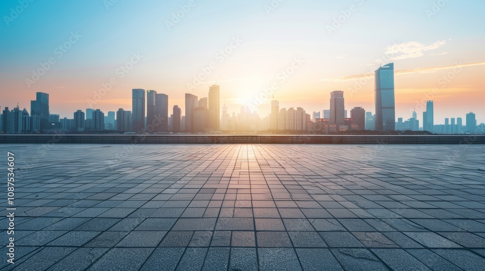 Empty square floor with city skyline background, City square surrounded by iconic skyscrapers, aerial view Empty square floor with city skyline background, City square surrounded by iconic skyscrapers, aerial view