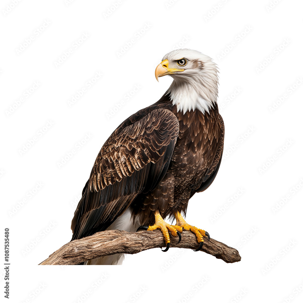 Obraz premium Majestic Bald Eagle Perched on a Branch Against White Background