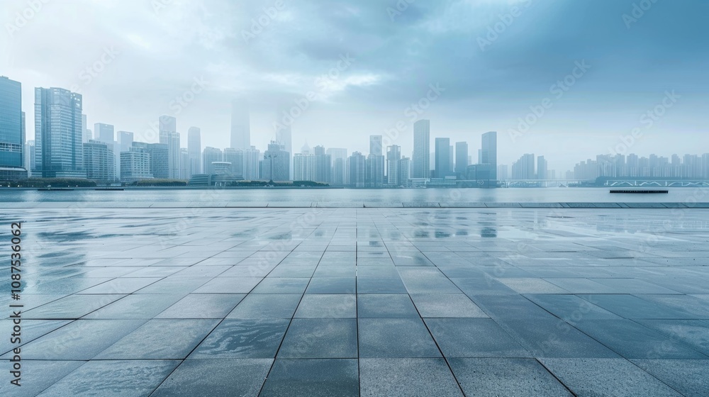 Empty square floor with city skyline background, Metropolitan intersection with architectural diversity, dynamic composition Empty square floor with city skyline background, Metropolitan intersection with architectural diversity, dynamic composition